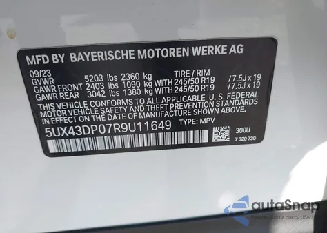 2024 BMW X3 Sdrive30I z USA, uszkodzony, nr VIN 5UX43DP07R9U11649